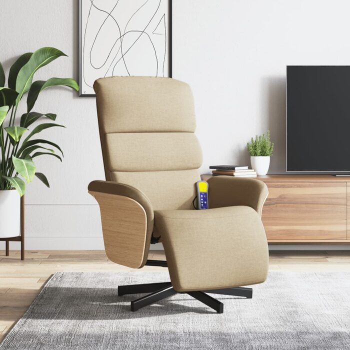 Fauteuil inclinable de massage avec repose-pieds crème tissu – Image 1