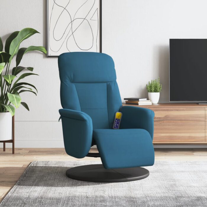 Fauteuil inclinable de massage avec repose-pied bleu velours – Image 1