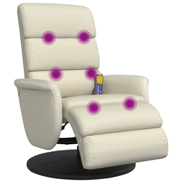 Fauteuil inclinable de massage et repose-pieds crème similicuir – Image 5