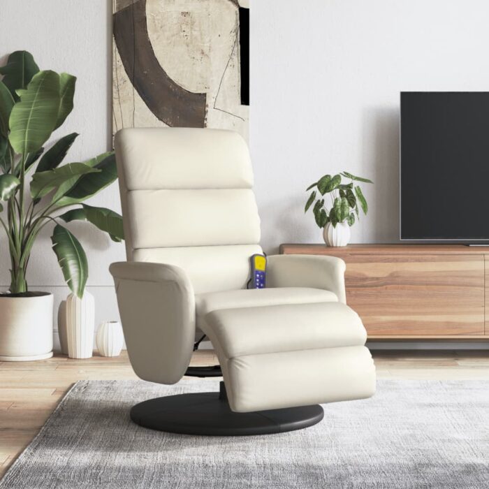 Fauteuil inclinable de massage et repose-pieds crème similicuir – Image 1