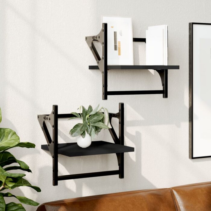 Étagères murales avec barres 2 pcs noir 30x25x30 cm – Image 1