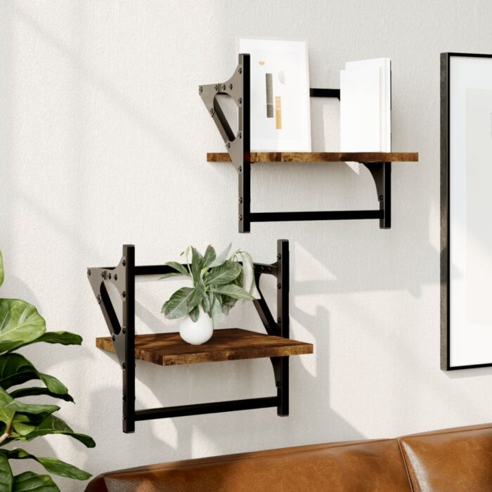 Étagères murales avec barres 2 pcs chêne fumé 30x25x30 cm – Image 1