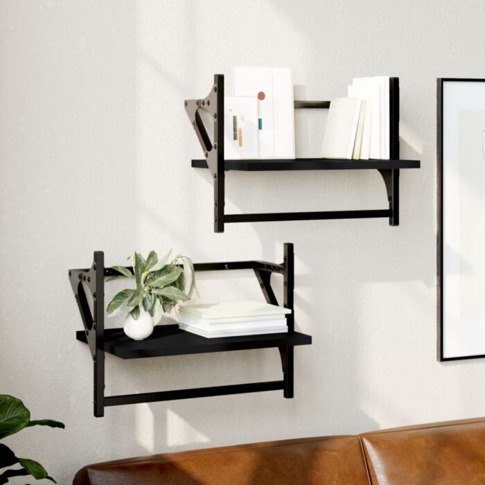 Étagères murales avec barres 2 pcs noir 40x25x30 cm – Image 1