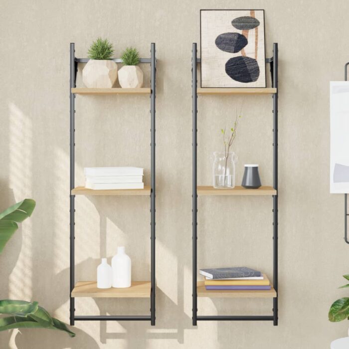 Étagères murales à 3 niveaux avec barres 2 pcs chêne sonoma – Image 1