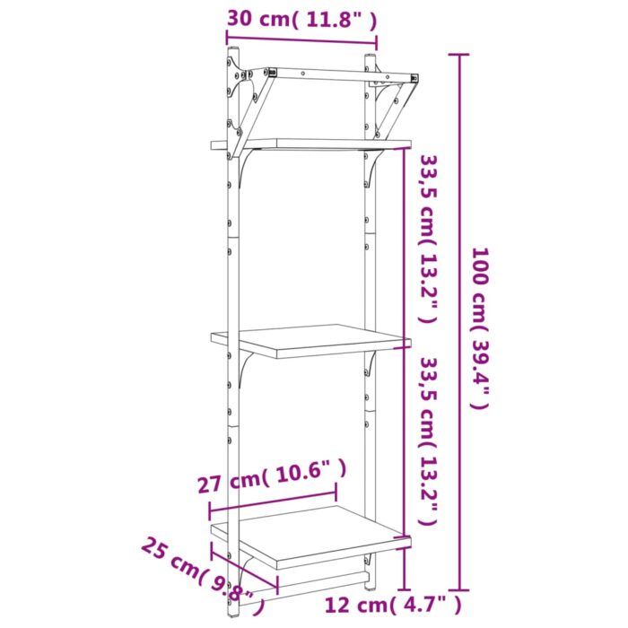 Étagères murales à 3 niveaux avec barres 2 pcs chêne fumé – Image 7