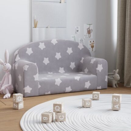 Canapé enfants 2 places gris clair avec étoiles peluche douce