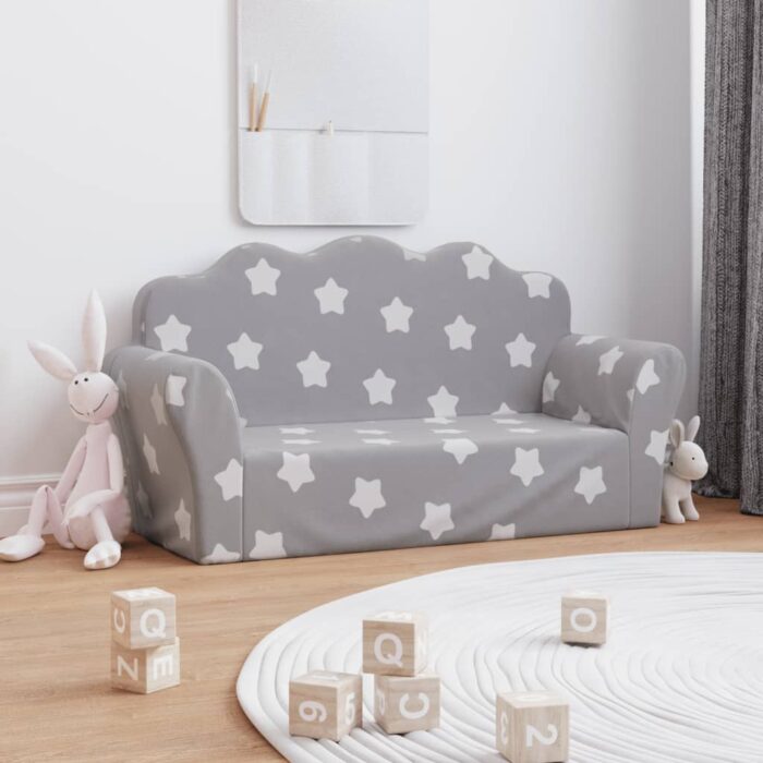 Canapé enfants 2 places gris clair avec étoiles peluche douce – Image 1