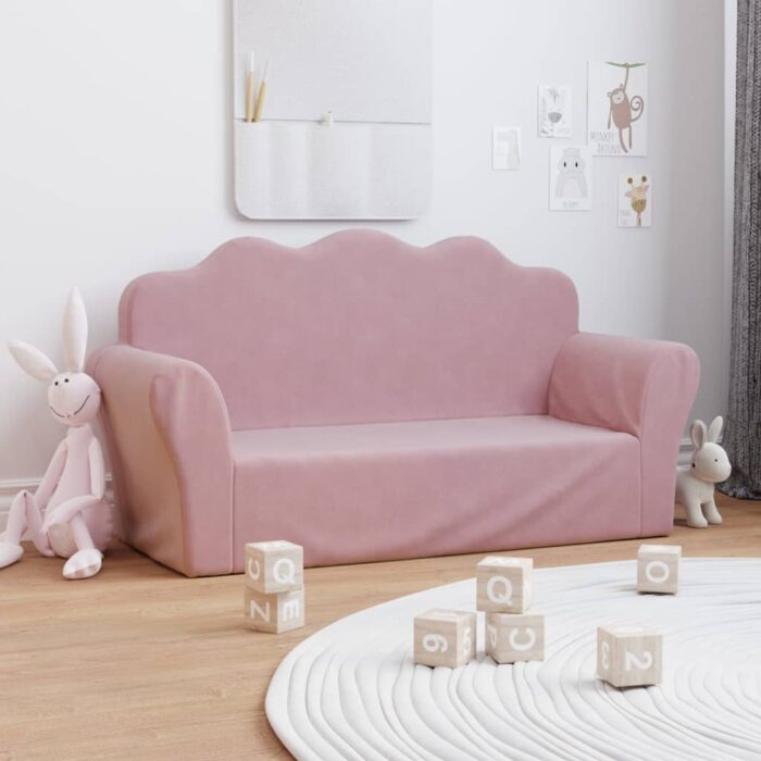 Canapé pour enfants 2 places rose peluche douce – Image 1