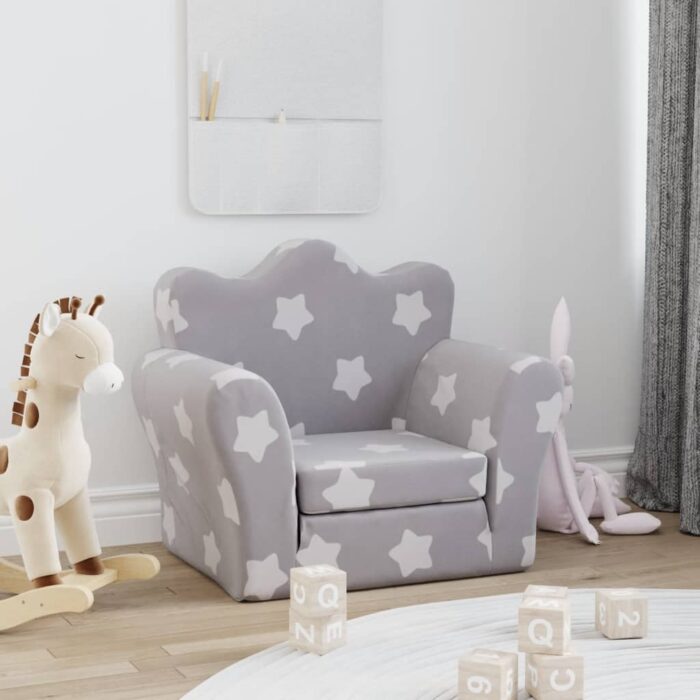 Canapé-lit pour enfants gris clair avec étoiles peluche douce – Image 1