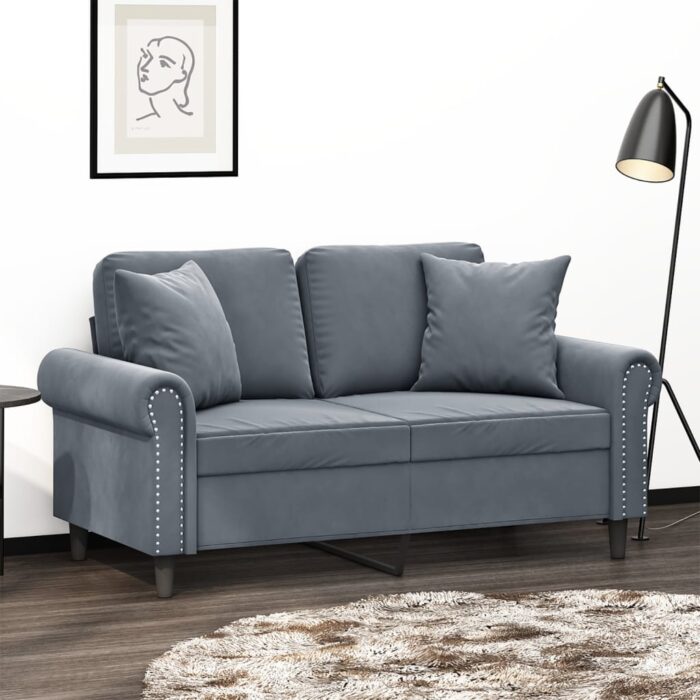 Canapé 2 places avec oreillers gris foncé 120 cm velours – Image 1