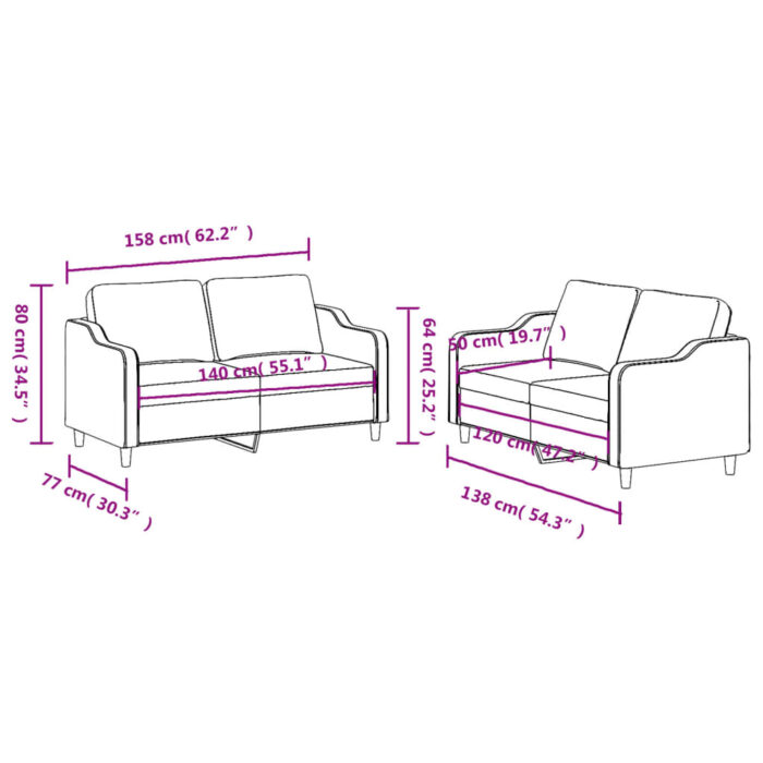 Ensemble de canapés 2 pcs avec coussins Noir Tissu – Image 4