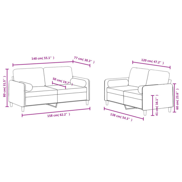 Ensemble de canapés 2 pcs avec coussins gris clair velours – Image 6