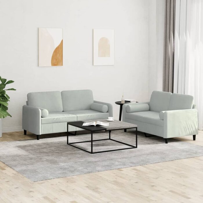 Ensemble de canapés 2 pcs avec coussins gris clair velours – Image 1