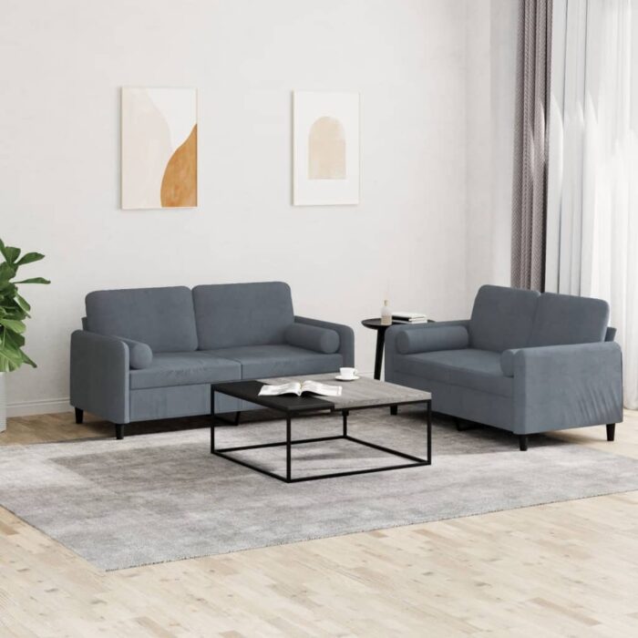 Ensemble de canapés 2 pcs avec coussins gris foncé velours – Image 1