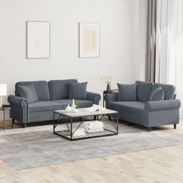 Ensemble de canapés 2 pcs avec coussins gris foncé velours – Image 1