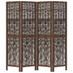 Cloison de séparation 4 panneaux marron foncé paulownia massif – Image 2