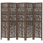 Cloison de séparation 5 panneaux marron foncé paulownia massif – Image 2