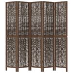 Cloison de séparation 5 panneaux marron foncé paulownia massif – Image 2