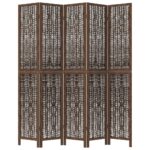 Cloison de séparation 5 panneaux marron foncé paulownia massif – Image 2