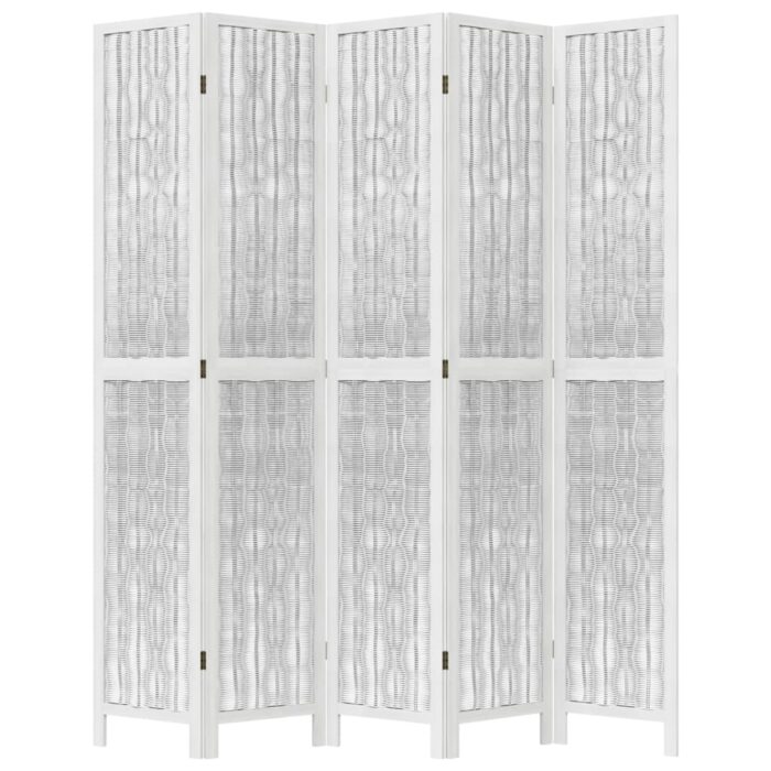 Cloison de séparation 5 panneaux blanc bois de paulownia massif – Image 2