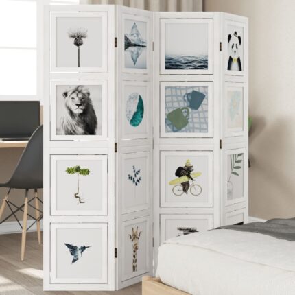 Cloison de séparation 4 panneaux blanc bois de paulownia massif