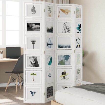 Cloison de séparation 4 panneaux blanc bois de paulownia massif