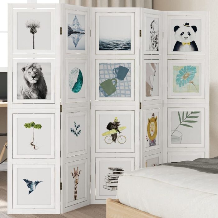 Cloison de séparation 5 panneaux blanc bois de paulownia massif – Image 1