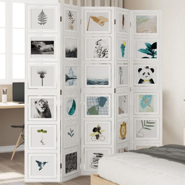 Cloison de séparation 5 panneaux blanc bois de paulownia massif – Image 1