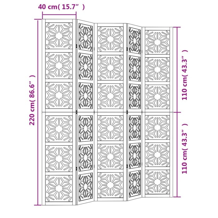 Cloison de séparation 5 panneaux marron noir paulownia massif – Image 6