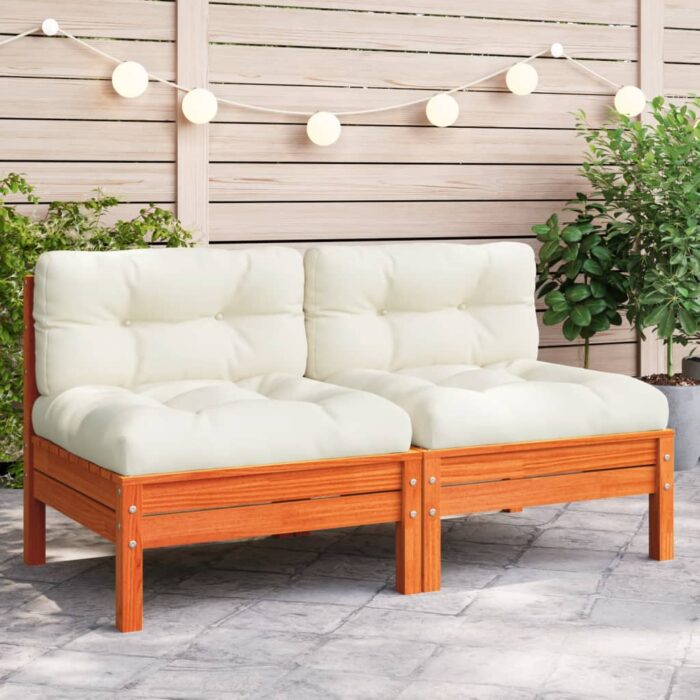 Canapé jardin sans accoudoirs coussins cire marron massif pin – Image 1