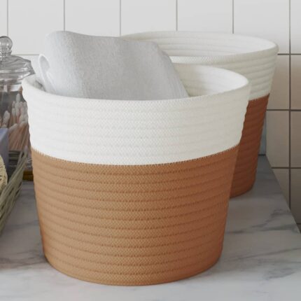 Paniers de rangement 2 pcs marron et blanc Ø24x18 cm coton