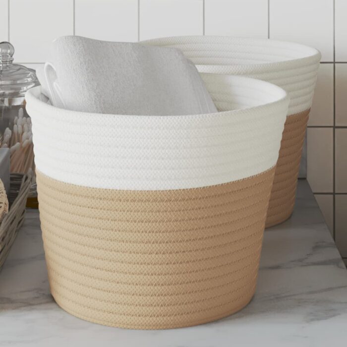 Paniers de rangement 2 pcs beige et blanc Ø24x18 cm coton – Image 1