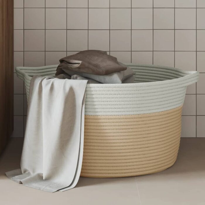 Panier de rangement beige et blanc Ø40x25 cm coton – Image 1