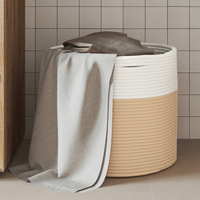 Panier de rangement beige et blanc Ø40x35 cm coton – Image 1