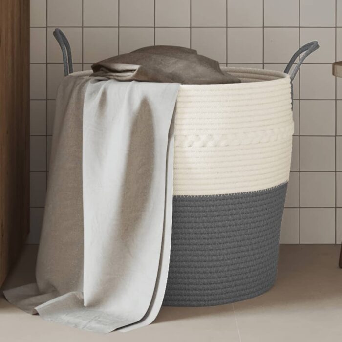 Panier de rangement gris et blanc Ø43x38 cm coton – Image 1