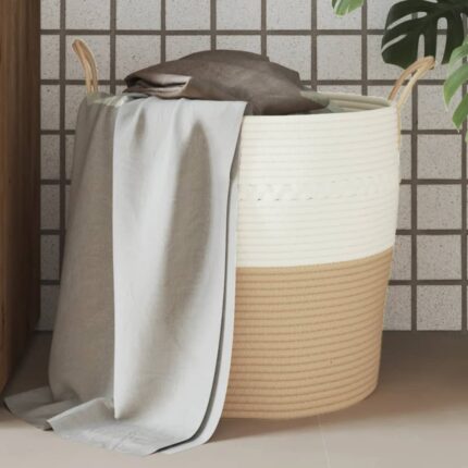 Panier de rangement beige et blanc Ø43x38 cm coton