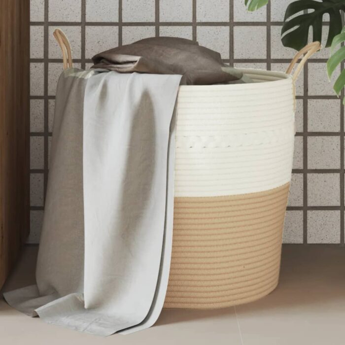 Panier de rangement beige et blanc Ø43x38 cm coton – Image 1