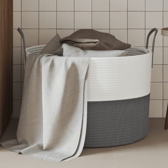 Panier de rangement gris et blanc Ø51x33 cm coton – Image 1