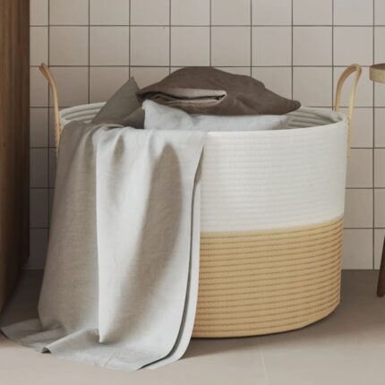 Panier de rangement beige et blanc Ø51x33 cm coton