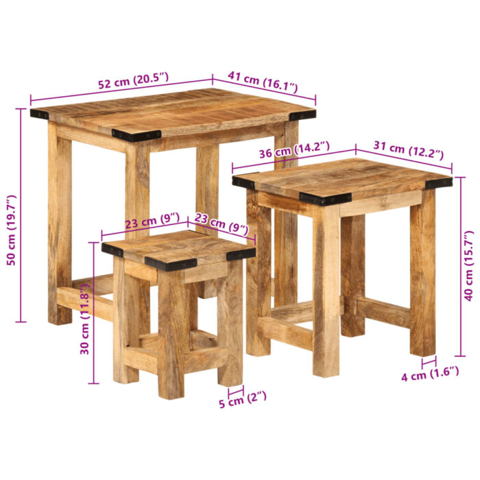 Tables d'appoint gigognes 3 pcs bois de manguier massif brut – Image 12