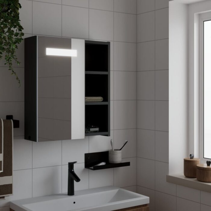 Armoire de salle de bain à miroir avec LED noir 45x13x52 cm – Image 1