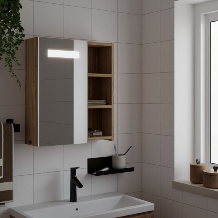 Armoire de salle de bain à miroir avec LED chêne 45x13x52 cm – Image 1