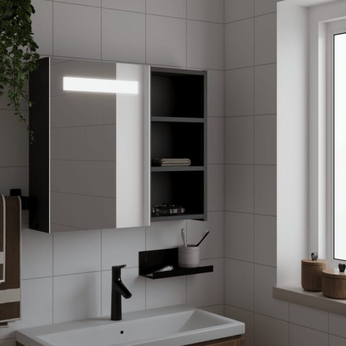Armoire de salle de bain à miroir avec LED noir 60x13x52 cm – Image 1