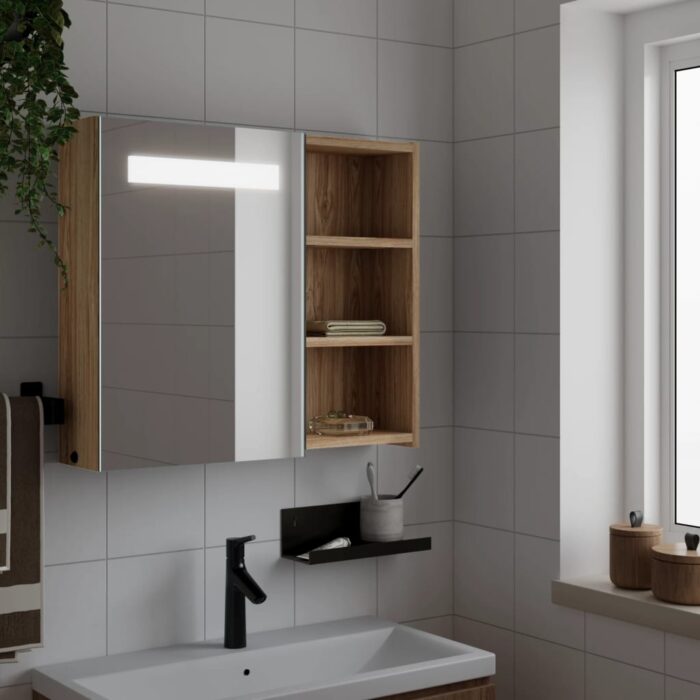 Armoire de salle de bain à miroir avec LED chêne 60x13x52 cm – Image 1