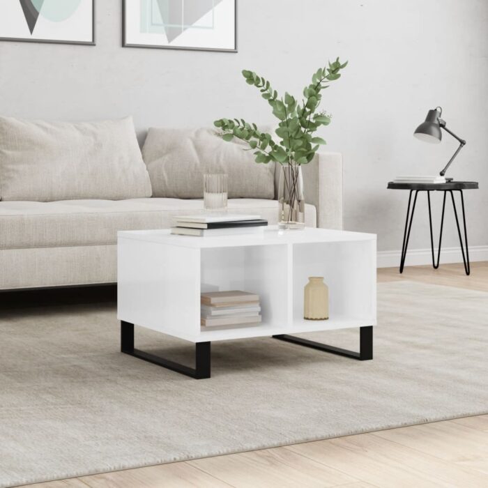 Table basse Blanc brillant 60x50x36,5 cm Bois d'ingénierie – Image 1