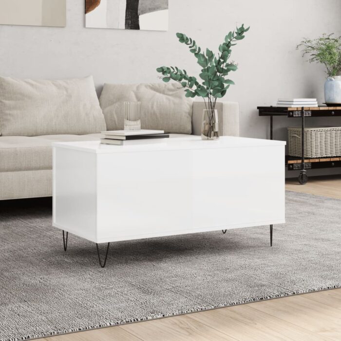 Table basse Blanc brillant 90x44,5x45 cm Bois d'ingénierie – Image 1