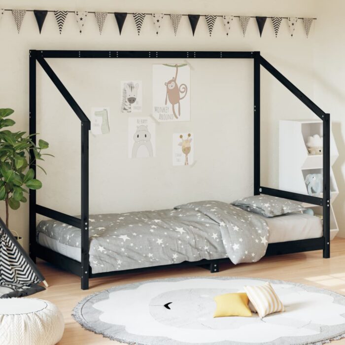 Cadre de lit pour enfants noir 90x200 cm bois de pin massif – Image 1