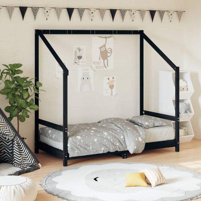 Cadre de lit pour enfant noir 80x160 cm bois de pin massif – Image 1