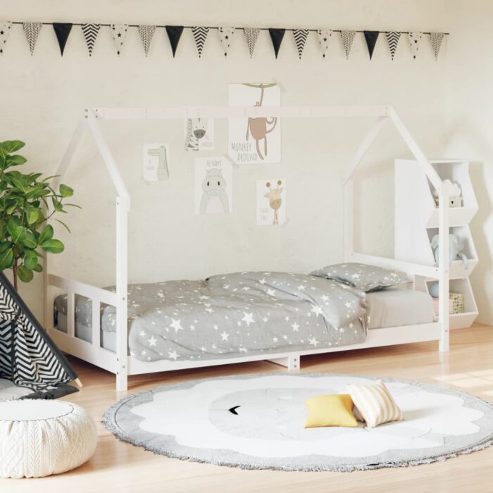 Cadre de lit pour enfants blanc 90x200 cm bois de pin massif – Image 1