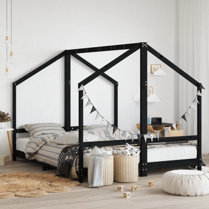 Cadre de lit pour enfants noir 2x(80x200) cm bois de pin massif – Image 1